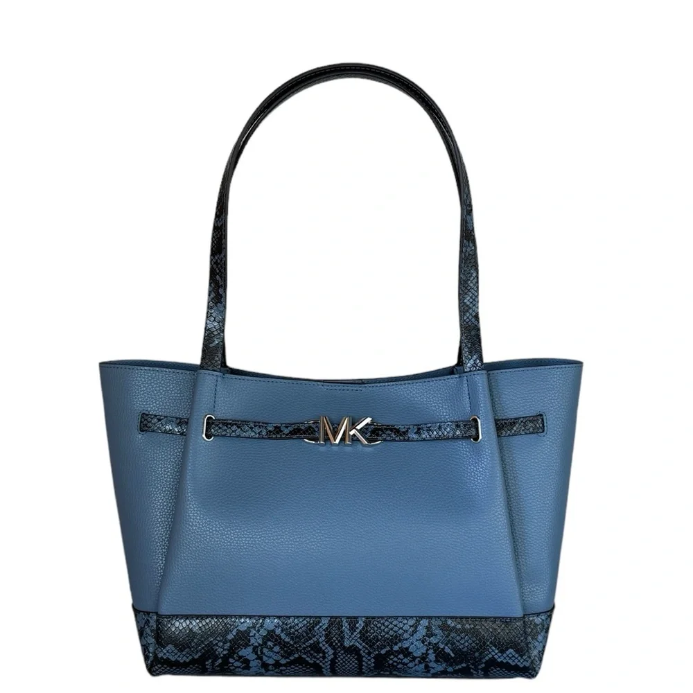 Michael Kors Blue Leather Tote with Snake-Print Accents - Picture 1 of 15